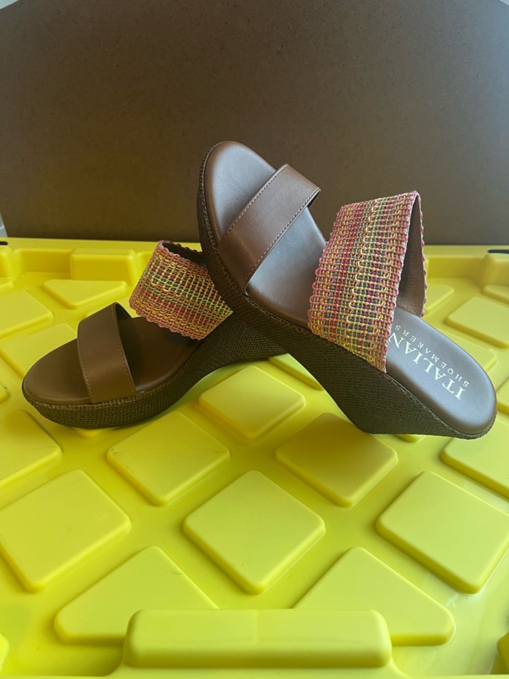 Italian Shoemakers Brown Wedge Sandals with Pink-Orange-Green Woven Strap